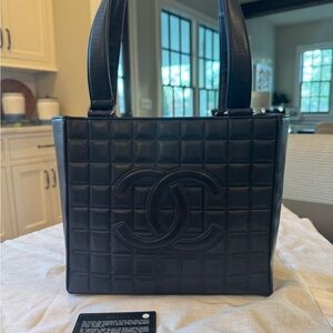CHANEL Vintage Navy Quilted CC Chocolate Bar Square Tote Bag